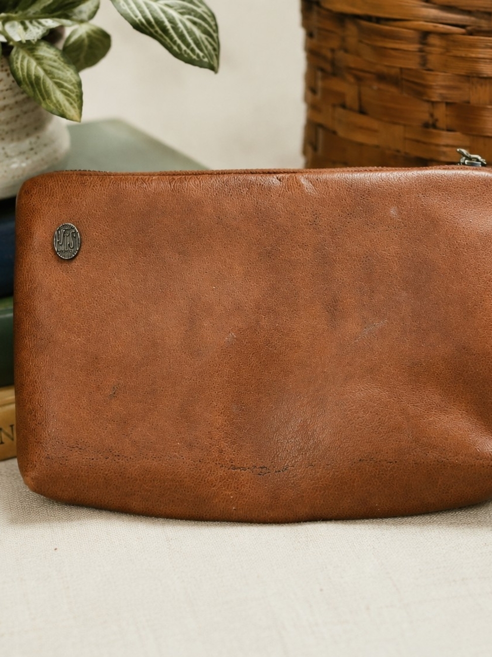 Vintage FS‎ Originals Brown Leather Clutch Pouch 8x5 Zip Organizer Cosmetic Bag